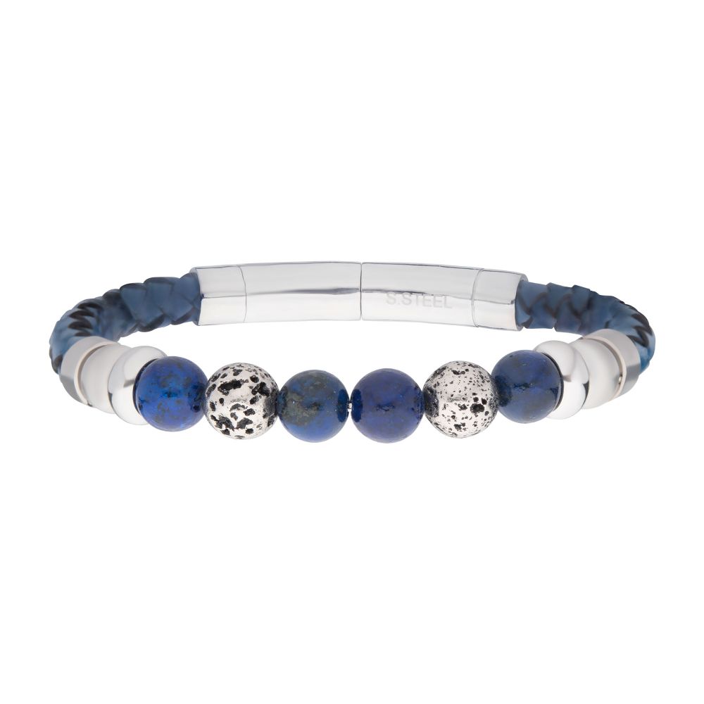 Blue Braided Leather with Lapis Lazuli Stone Bead Hybrid Bracelet