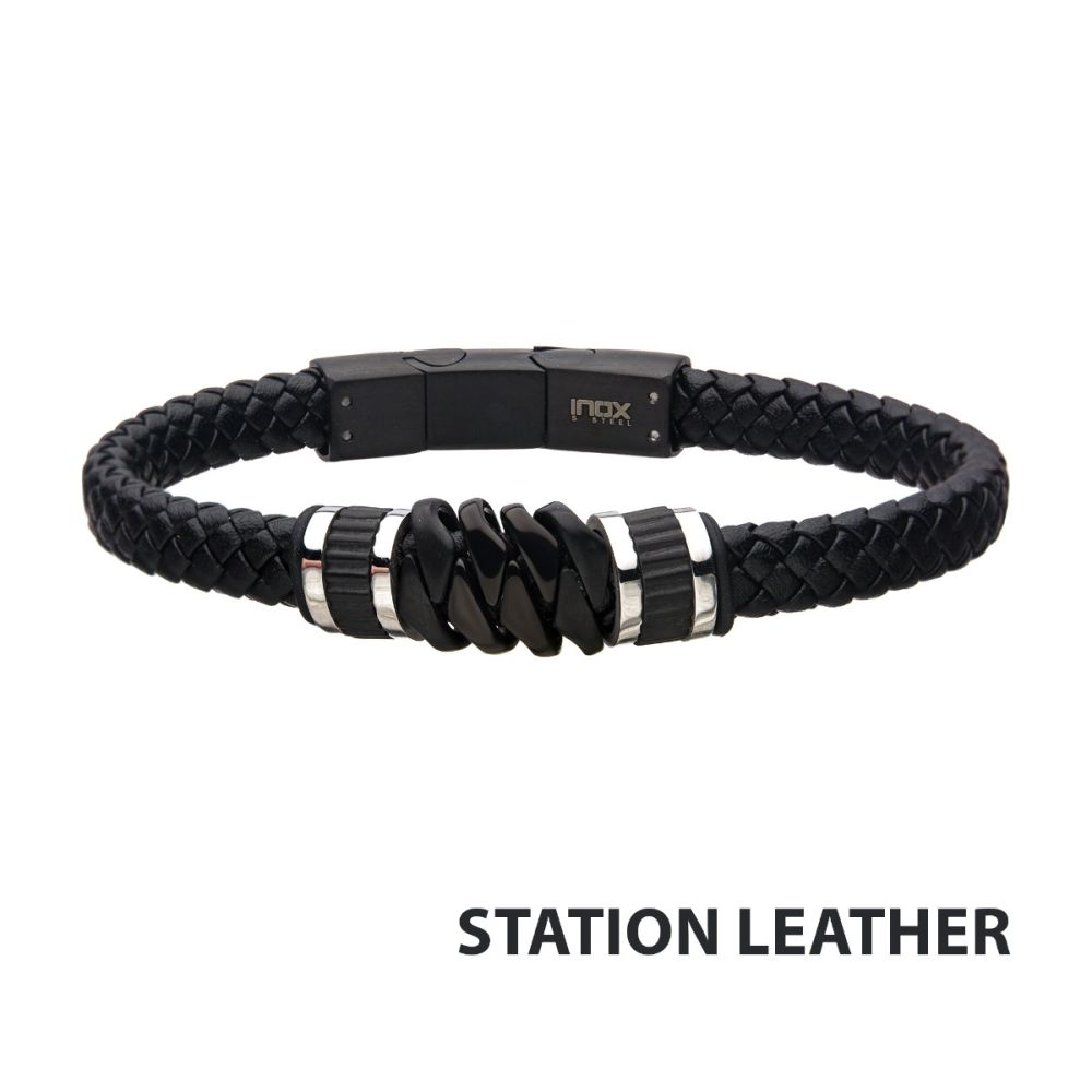 Black Braided Leather with Black IP Serrated Station Bracelet