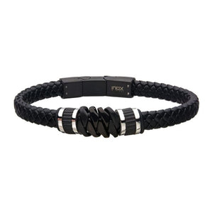 Black Braided Leather with Black IP Serrated Station Bracelet