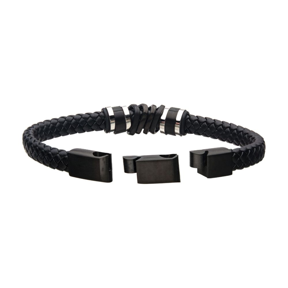 Black Braided Leather with Black IP Serrated Station Bracelet