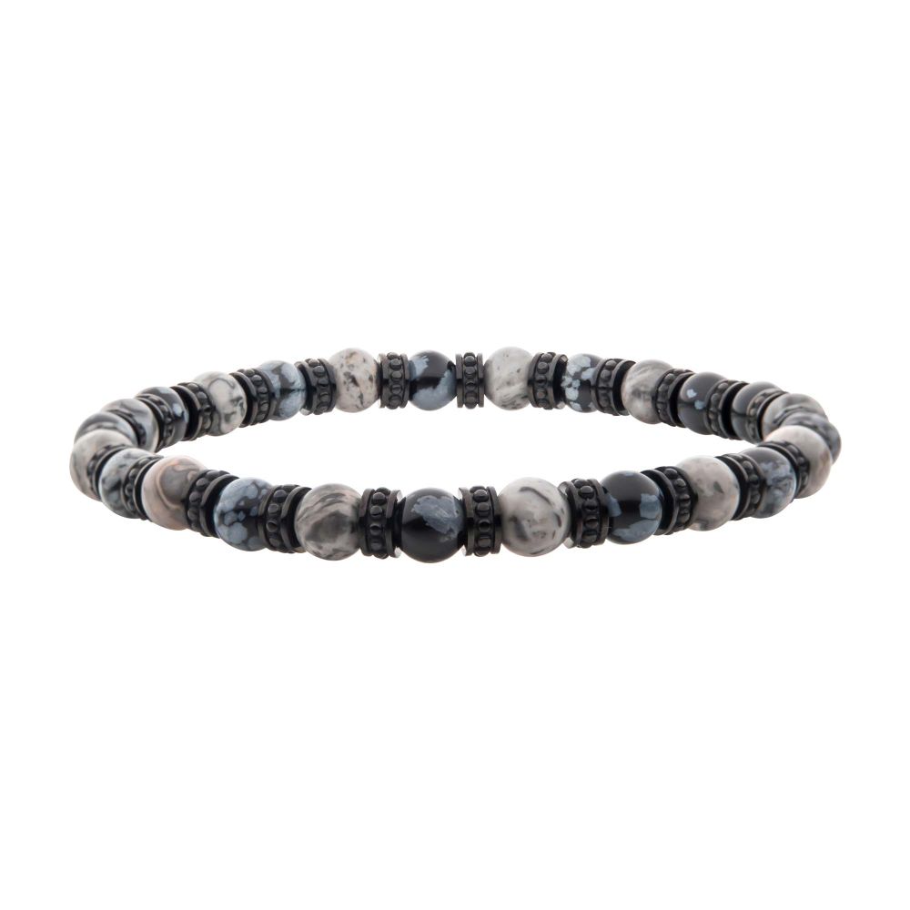 Black Steel Disks Alternating with Genuine Grey Jasper & Snowflake Obsidian Stone Beads