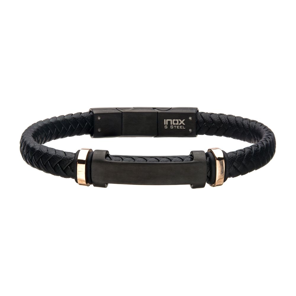 Black Leather with Rose Gold IP Beads & Black IP Engravable ID Bracelet