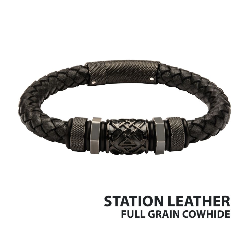 Black Braided Full Grain Cowhide Leather with Steel Black IP Beads Bracelet