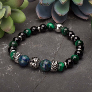 Black Onyx, Green Tiger Eye & Lapis Lazuli Stone with Cast Steel Bead Bracelet