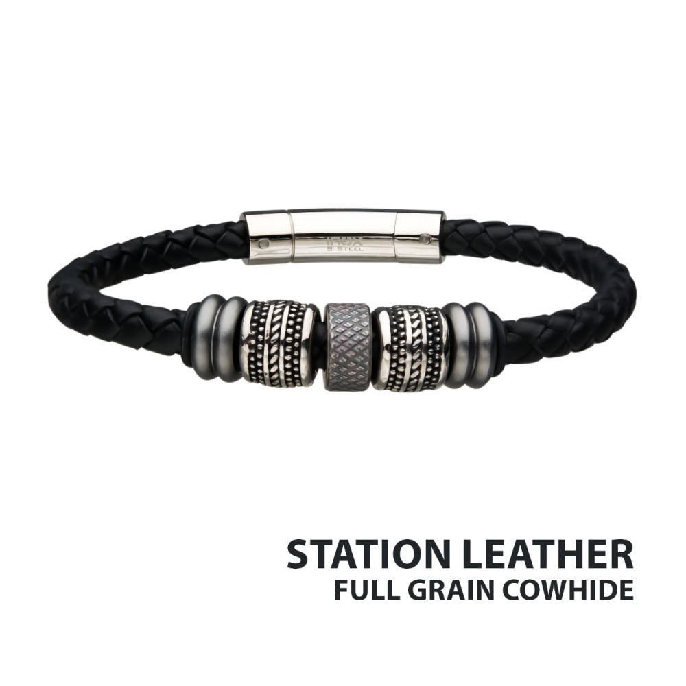 Black Braided Full Grain Cowhide Leather with Steel Beads Bracelet