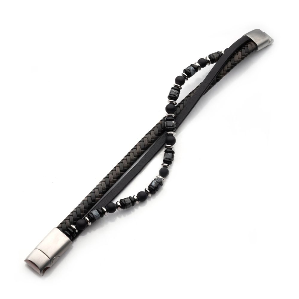 Leather with Black Onyx & White Howlite Stone Bead Multi-Strand Bracelet