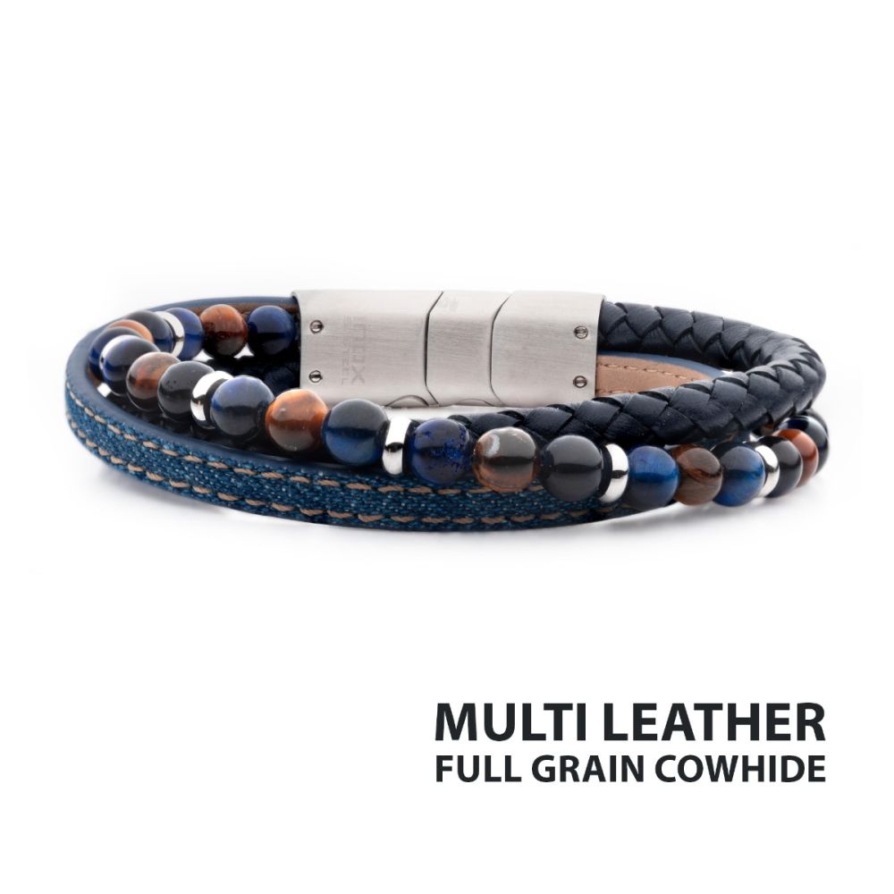 Leather & Blue Denim with Lapis Lazuli & Tiger's Eye Stone Bead Multi-Strand Bracelet