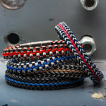 Allegiance Stainless Steel Bracelets with Blue Wax Cord binding 2 Black Antique Brushed Foxtail Links