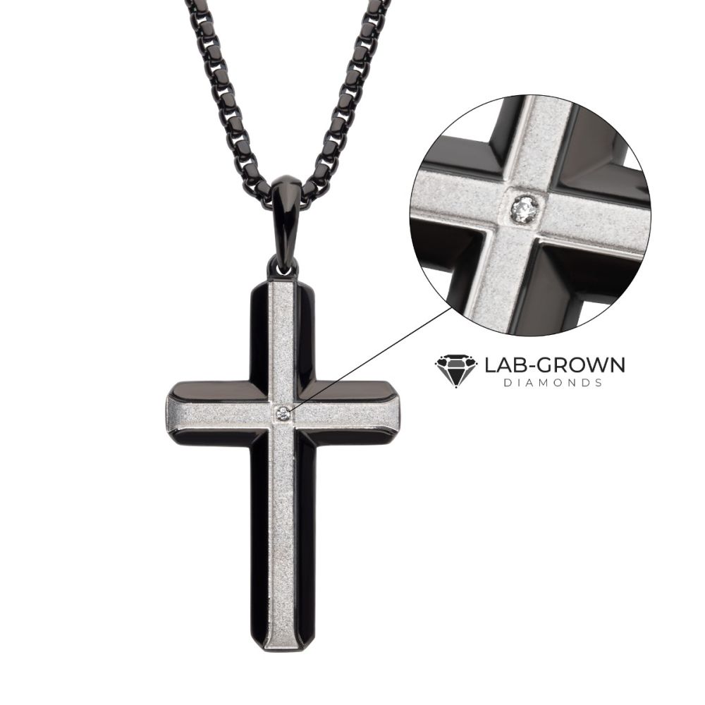 Black IP Steel Lab-Grown Diamond Cross Pendant