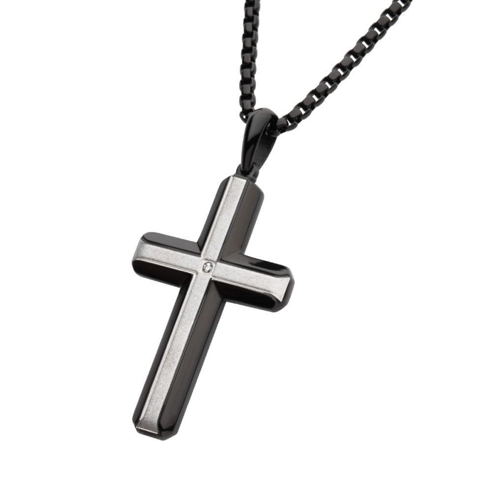 Black IP Steel Lab-Grown Diamond Cross Pendant