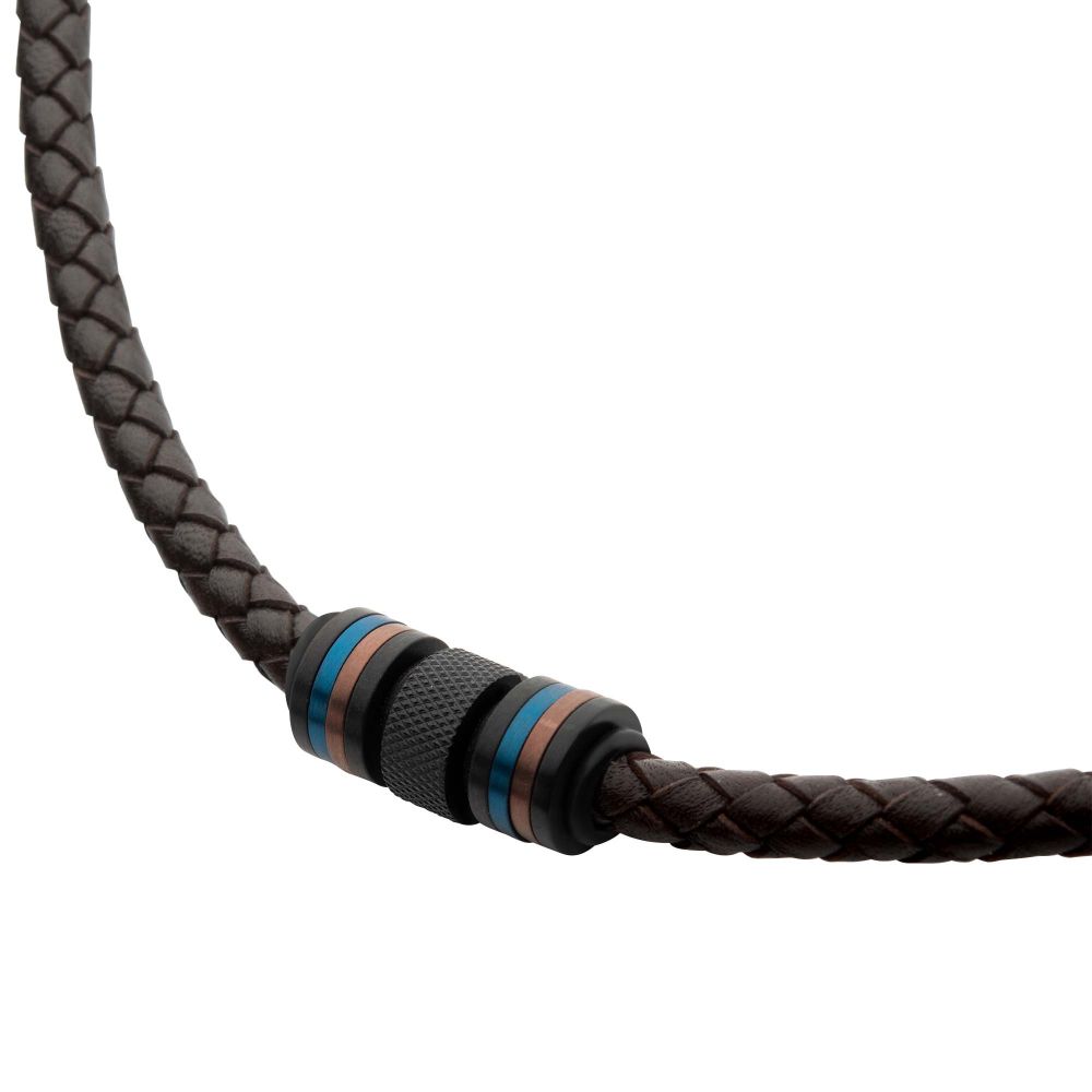 Brown Full Grain Cowhide Leather Braided Necklace with Multicolor Beads