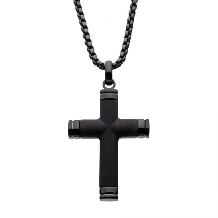 Black IP Genuine Ebony Wood Inlayed Cross Pendant