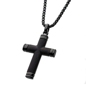 Black IP Genuine Ebony Wood Inlayed Cross Pendant