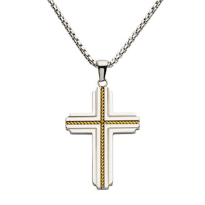 18Kt Gold IP Stainless Steel Rope Inlay Two-tone Cross Pendant with Chain