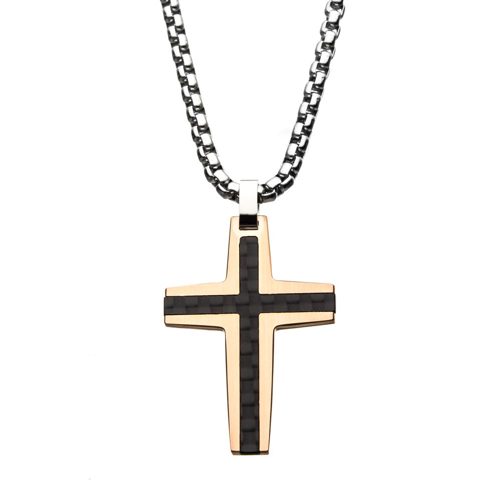 Black & Rose Gold IP with Carbon Fiber Link Inlay Cross Pendant with Steel Chain