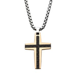 Black & Rose Gold IP with Carbon Fiber Link Inlay Cross Pendant with Steel Chain